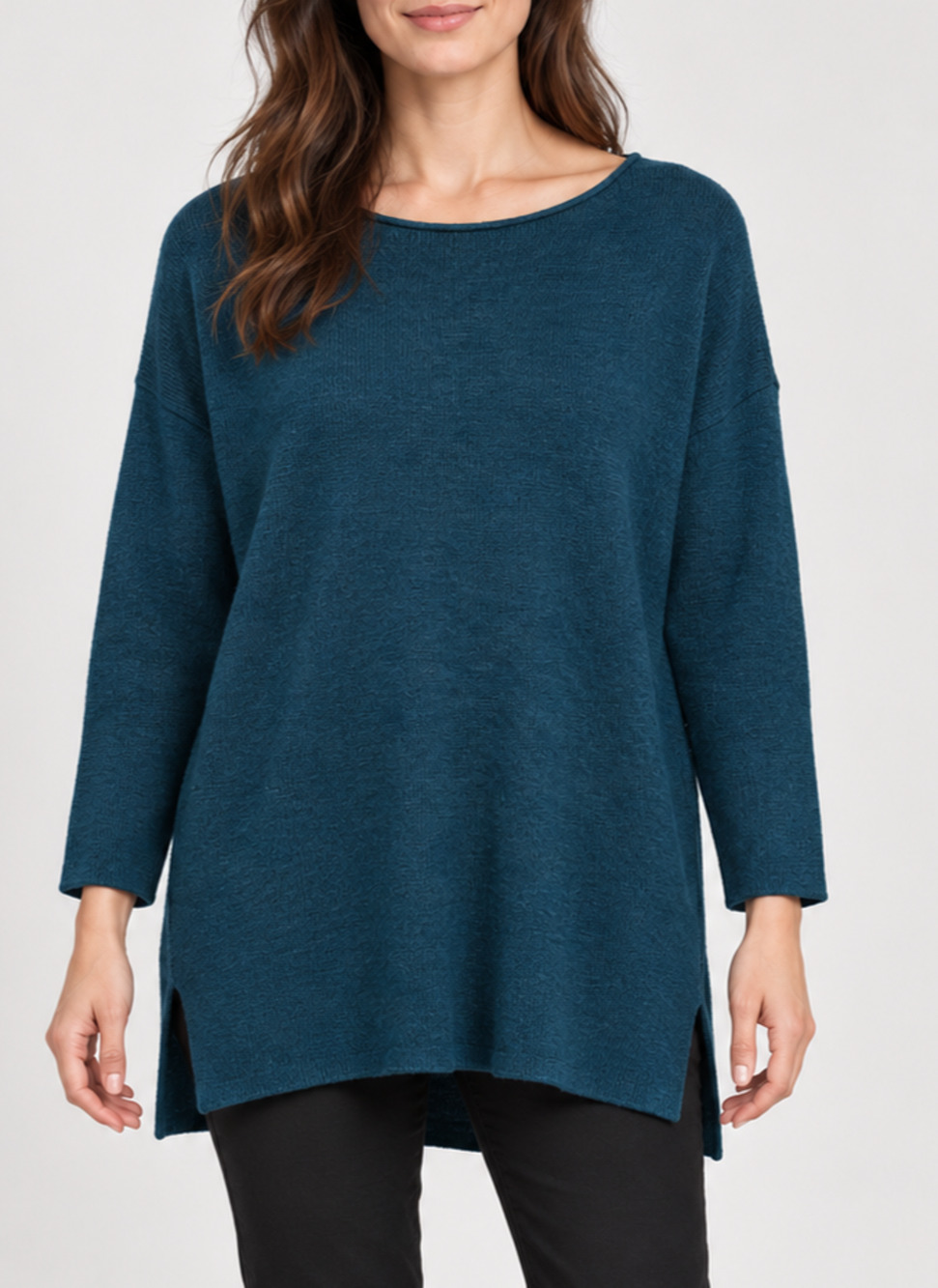 Eileen Fisher PM Petite Medium Teal 100% Merino Wool Tunic Sweater Boat Neck